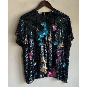 Vintage Christyne Forti 100% Silk Sheer All Over Sequin Top 10 Disco Avant Garde